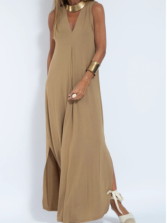 Women's Sleeveless Summer Khaki Plain Split Joint V Neck Daily Going Out Casual Maxi A-Line Fit & Flare Dress Dress