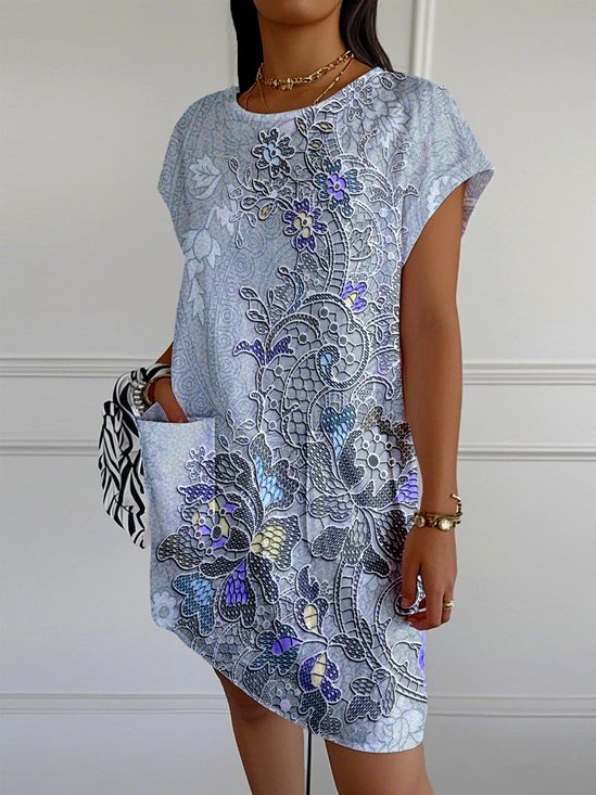 Casual 3D Printing Crew Neck Loose Dress With No