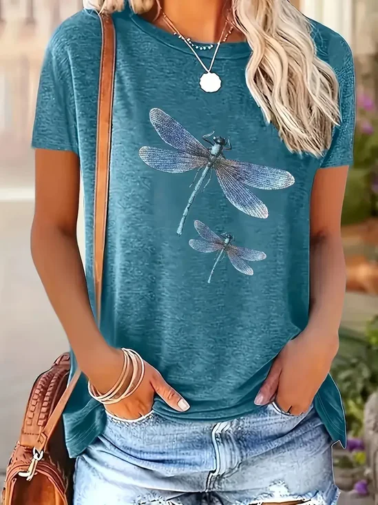 Women's Dragonfly Print Casual Round Neck Short Sleeve T-Shirt