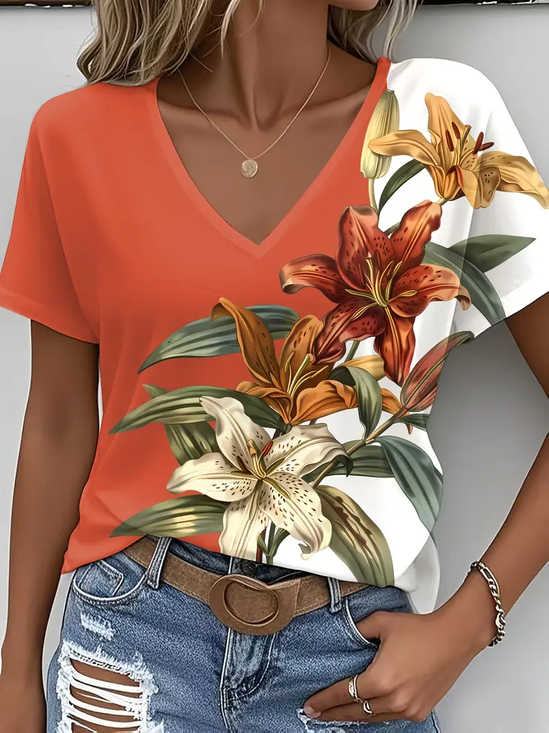 Women's Floral Print Casual V-Neck Short Sleeve T-Shirt