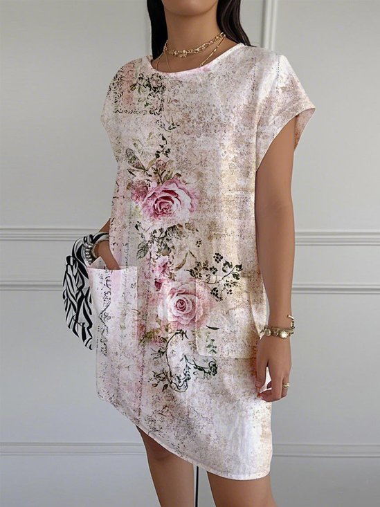 Floral Vintage Crew Neck Loose Dress With No