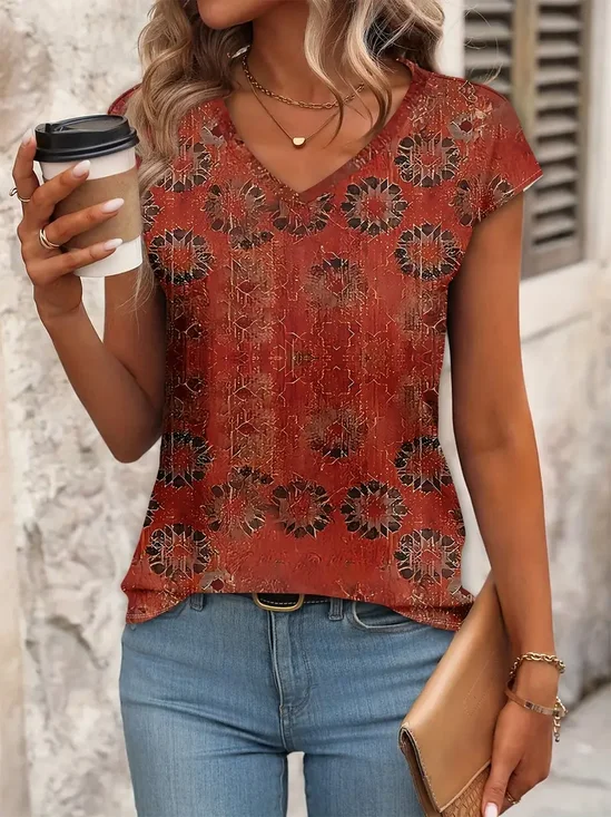 Women's Floral Print Casual V-Neck Short Sleeve T-Shirt