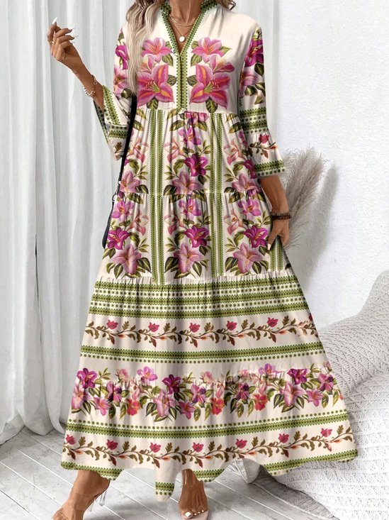 Casual Floral Cotton Dress With No