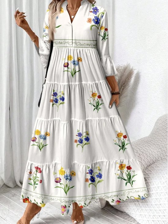 Floral Casual V Neck Regular Fit Dress With No