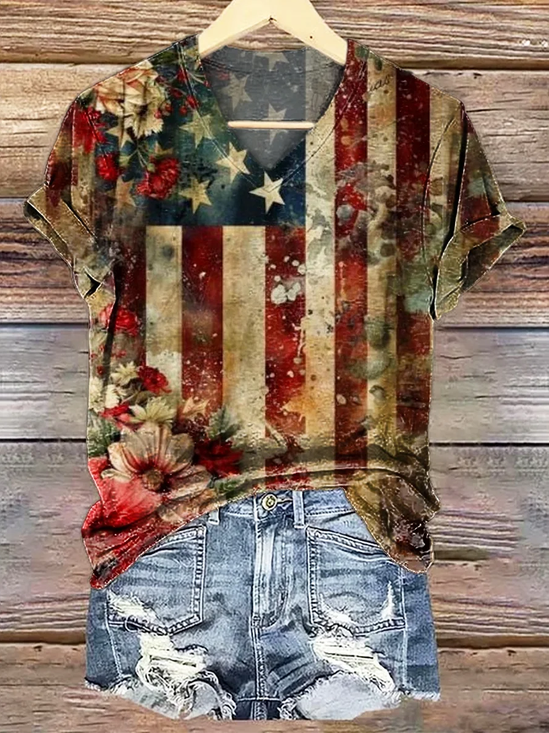 Women's Floral Flag Independence Day Printed Casual V-Neck Short Sleeve T-Shirt