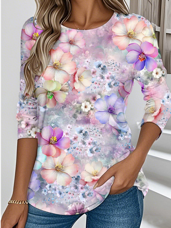 Casual Floral Loose Crew Neck T-Shirt