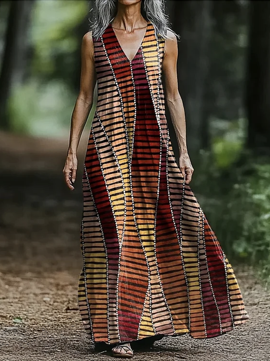 Geometric V Neck Casual Cotton Dress With No