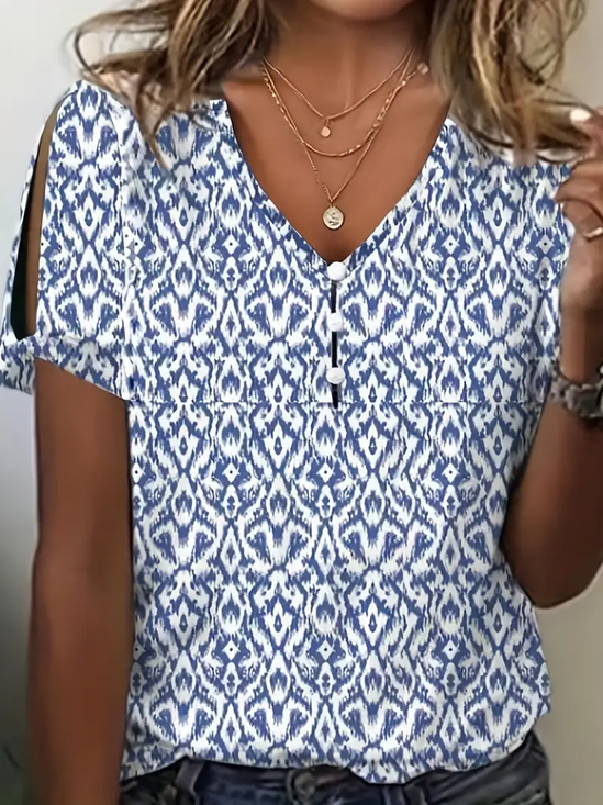 Women's Geometric Print Pearl Button V-Neck Short Sleeve T-Shirt