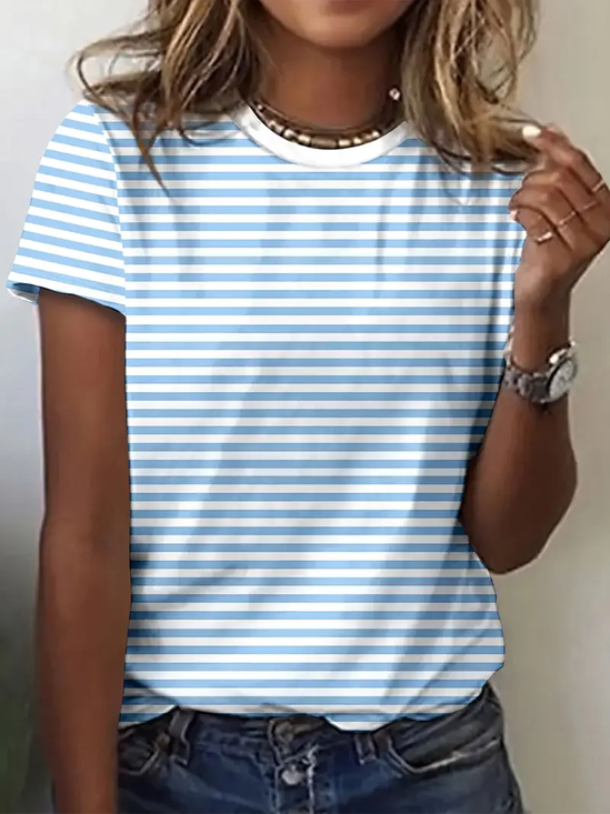 Women's Striped Printed Casual Round Neck Short Sleeve T-Shirt