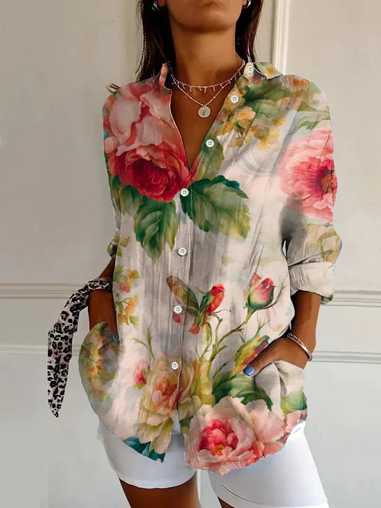 Women's Long Sleeve Shirt Spring/Fall As Picture Floral Buckle Shirt Collar Daily Going Out Casual Top