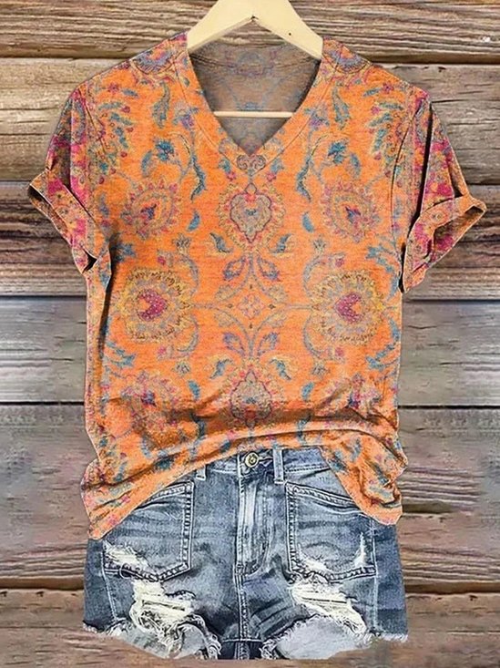V Neck Casual Ethnic T-Shirt