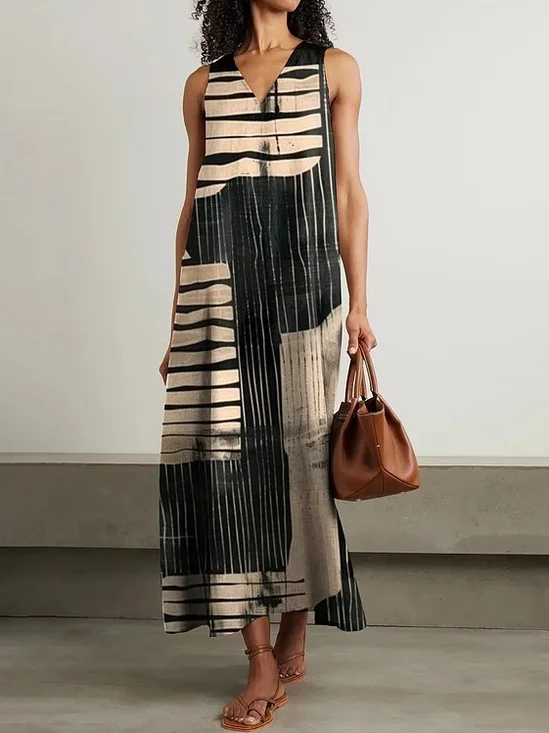 Jersey Multicolor Block V Neck Casual Dress With No Belt