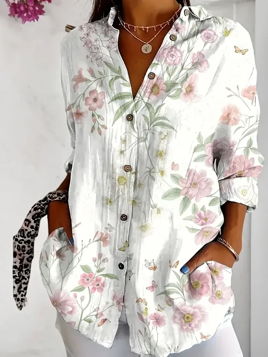 Women's Long Sleeve Shirt Spring/Fall White Floral Buckle Shirt Collar Daily Going Out Casual Top