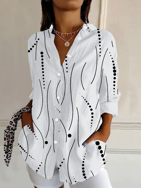 Women's Long Sleeve Shirt Spring/Fall White Polka Dots Buckle Shirt Collar Daily Going Out Casual Top