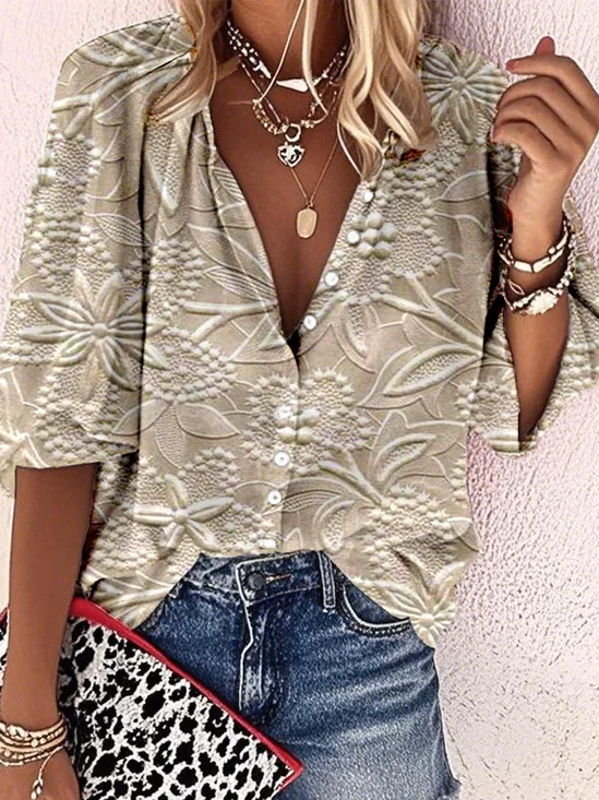 Linen Blend Casual Floral Loose Shirt