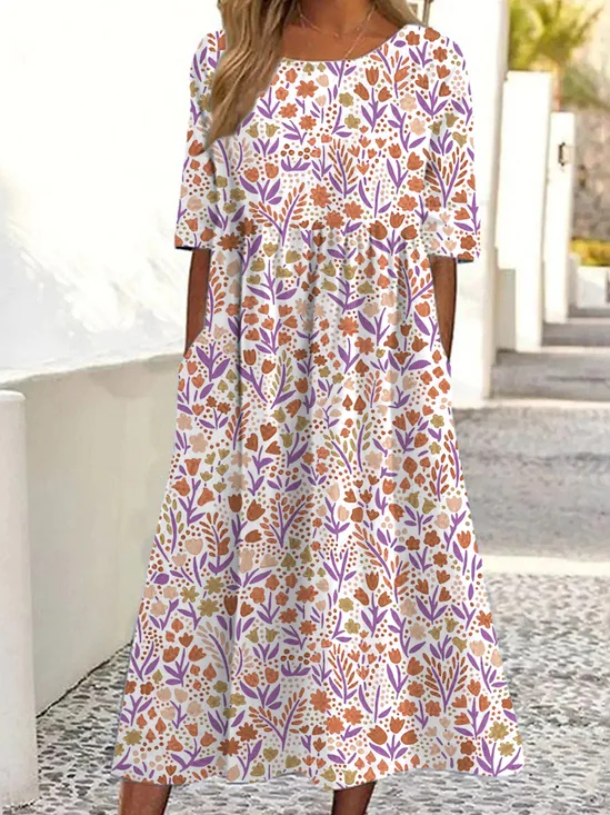 Casual Loose Floral Crew Neck Dress With No