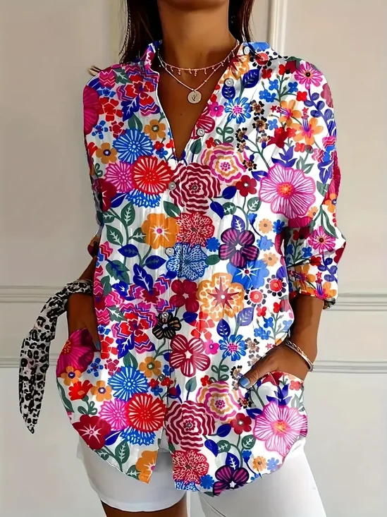 Women's Long Sleeve Shirt Spring/Fall Multicolor Floral Buckle Shirt Collar Daily Going Out Casual Top