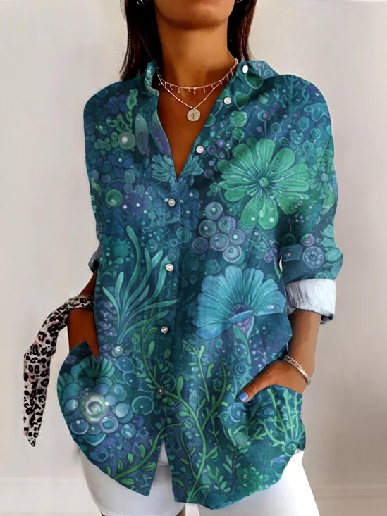 Regular Fit Casual V Neck Geometric Shirt