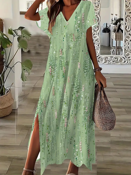 Women's Abstract Print V-Neck Short Sleeve Slit Dress