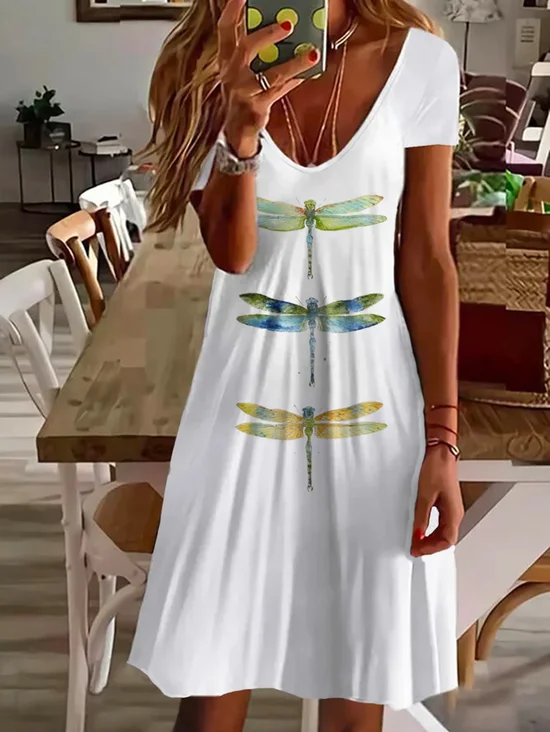 Women's Dragonfly Spring Print Casual V-Neck Short Sleeve Dress