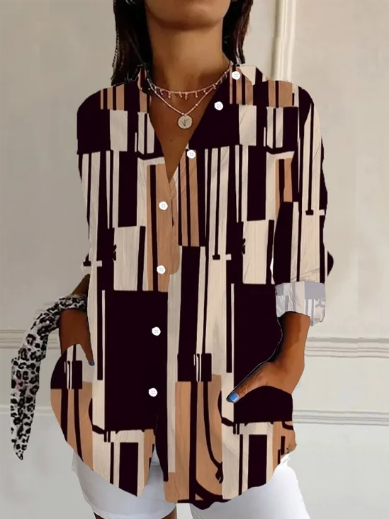 Women's Long Sleeve Shirt Spring/Fall Brown Geometric Buckle Shirt Collar Daily Going Out Casual Top