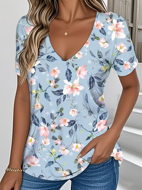 Loose V Neck Floral Vintage T-Shirt