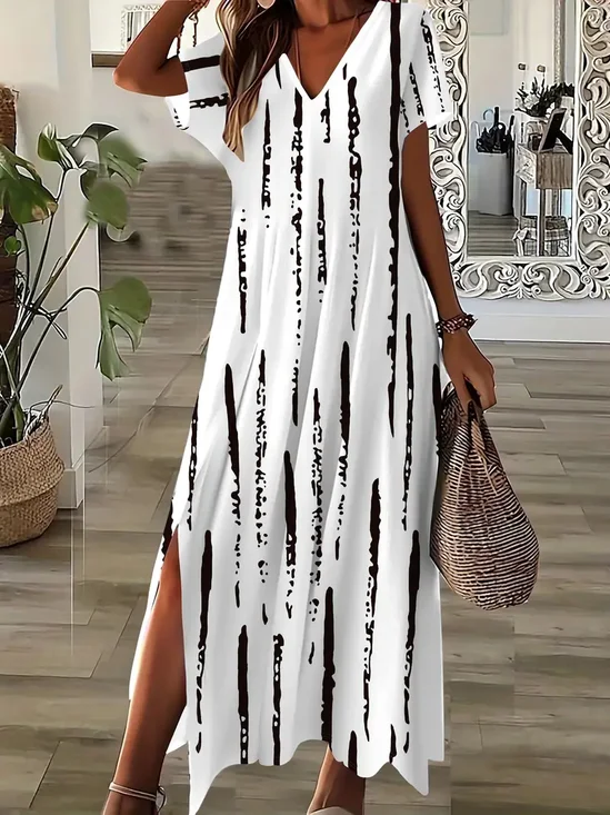 Women's Striped Print V-Neck Short Sleeve Slit Dress