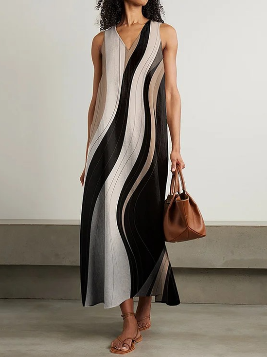 Jersey Casual V Neck Multicolor Block Dress With No Belt