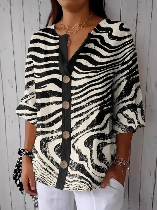 Women's Stripe Art Print Button Linen Blend Shirt