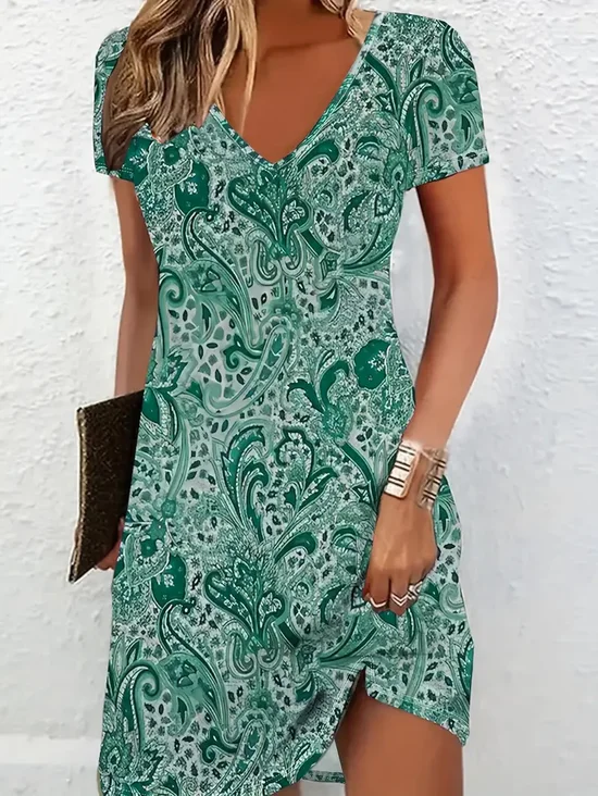 Women's Paisley Print V-Neck Short Sleeve Dress