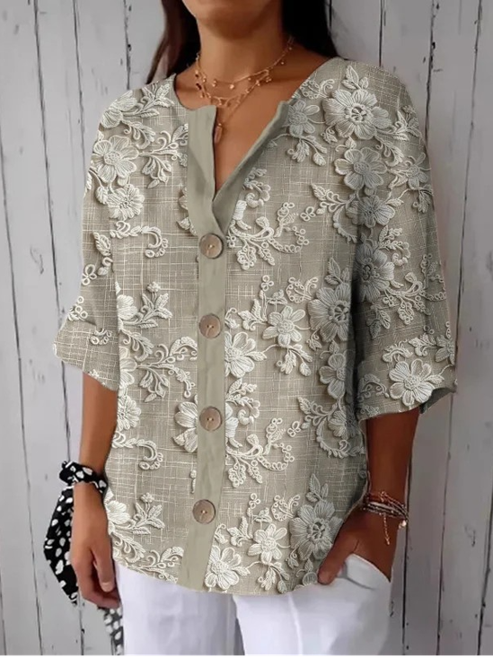 Women's Floral Print Linen Blend Casual Shirt