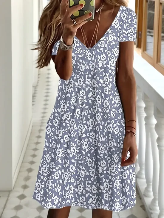 Women's Floral Print V-Neck Short Sleeve Dress
