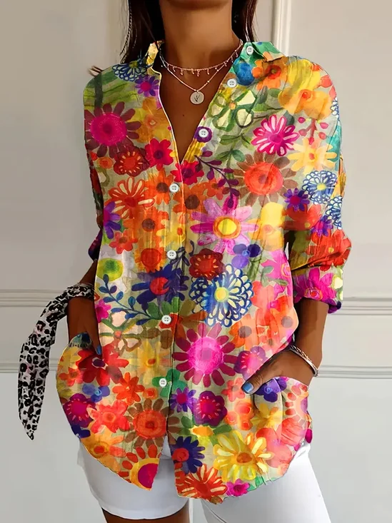 Women's Long Sleeve Shirt Spring/Fall As Picture Floral Buckle Shirt Collar Daily Going Out Casual Top