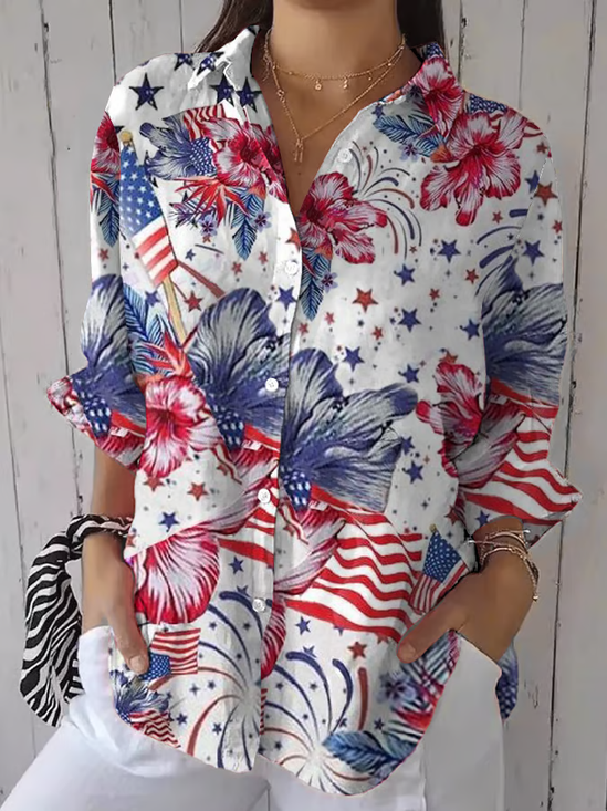 Women's Independence Day Floral Print Casual Shirt