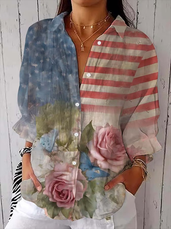 Women's Independence Day Floral Print Casual Shirt