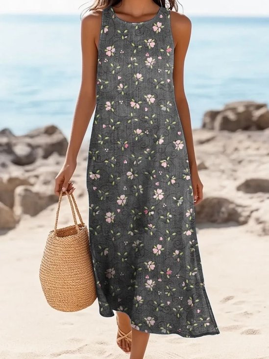 Crew Neck Vacation Floral Cotton Dress With No