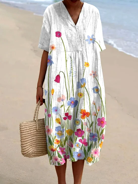 Cotton V Neck Casual Dress With No