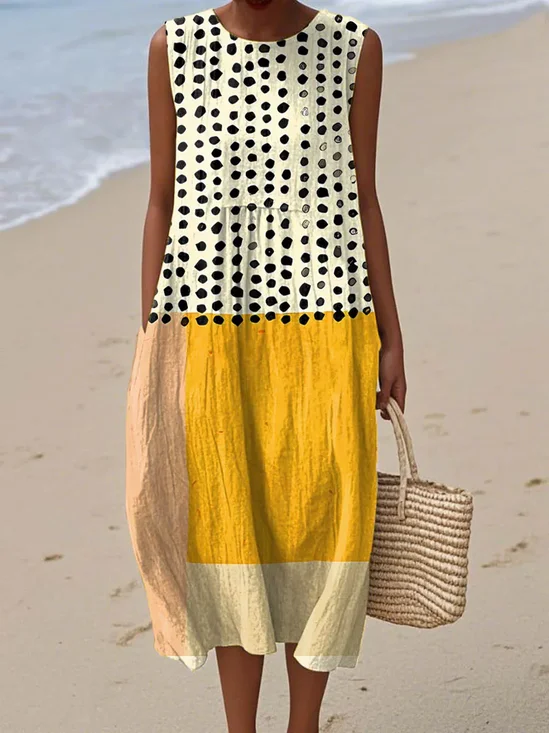 Cotton Crew Neck Casual Dress With No