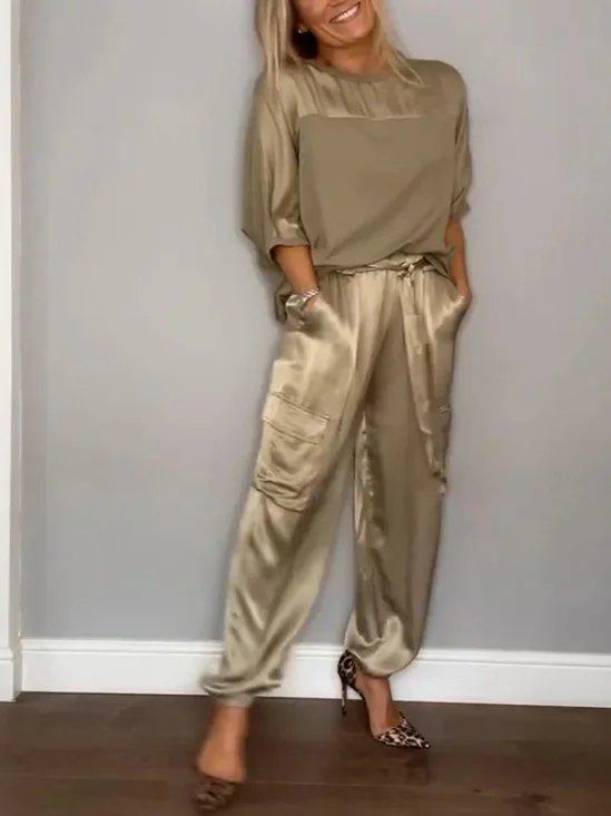 Women's Pocket Stitching Plain Daily Going Out Two-Piece Set Khaki Casual Summer Top With Pants Matching Set