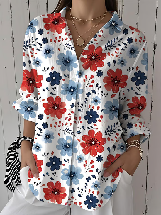 Women's Independence Day Floral Print Casual Shirt