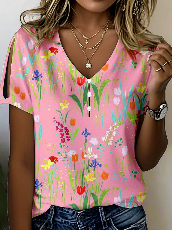 V Neck Loose Floral Casual T-Shirt