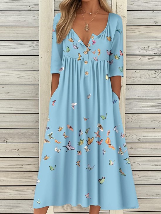 Holiday Half Button Pocket Hem Long Dress