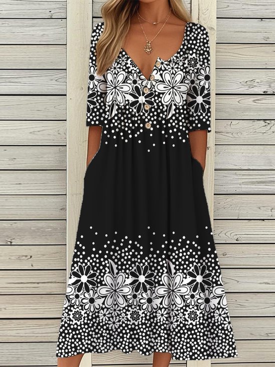 Holiday Half Button Pocket Hem Long Dress