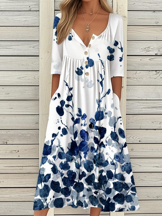 Vintage Half Open Collar Loose Dress With No