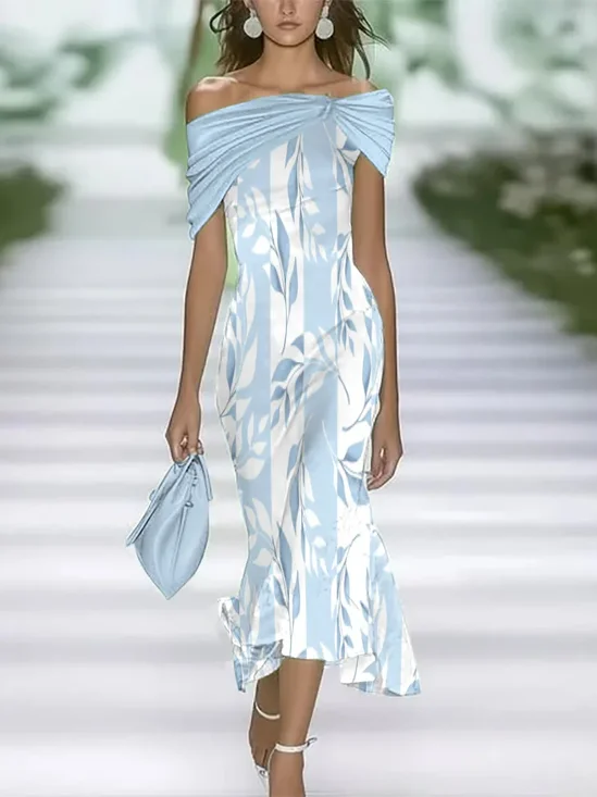 Women's Cap Sleeve Summer Blue Floral Printing Cold Shoulder Daily Going Out Vintage Maxi H-Line Dress