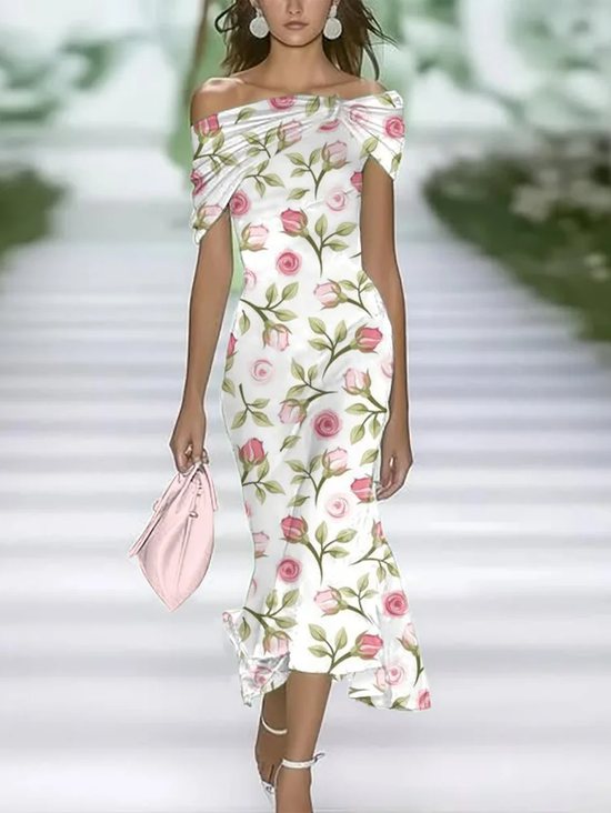 Women's Cap Sleeve Summer White Floral Printing Cold Shoulder Daily Going Out Vintage Maxi H-Line Dress