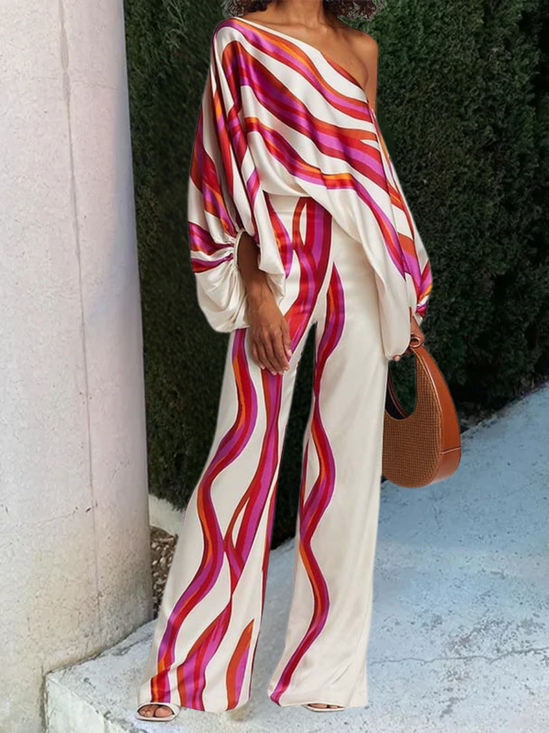 Women's Printing Abstract Stripes Daily Going Out Two-Piece Set Rose Red Casual Summer Top With Pants Matching Set
