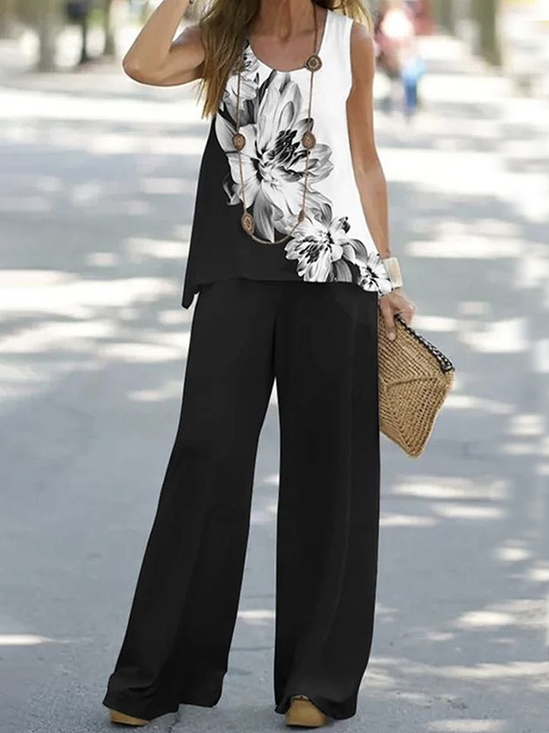 Women's Floral Print Casual Vest and Pants Two-Piece Set