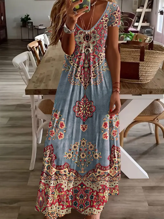 Women's Floral Print V-Neck Short Sleeve Casual Dress