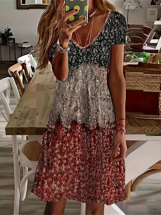 Women's Floral Print V-Neck Short Sleeve Dress